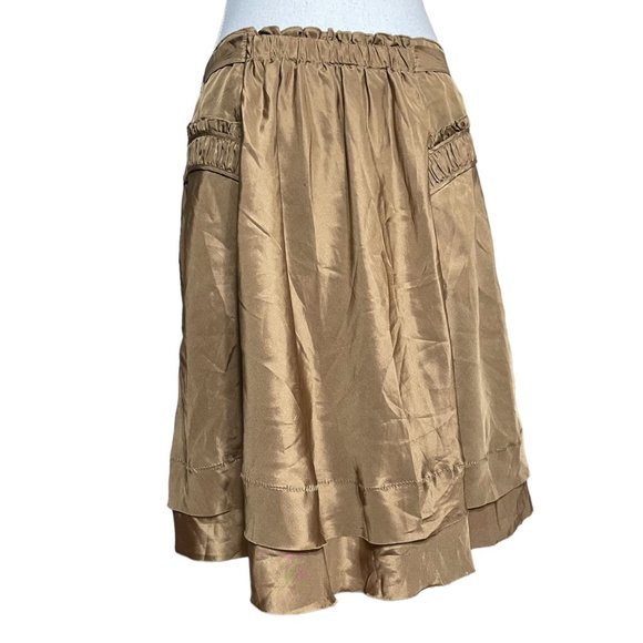BCBGMaxAzria 100% Silk Skirt NEW M Ruffle Pleated Knee Length Taupe Satin A-Line - Picture 10 of 12